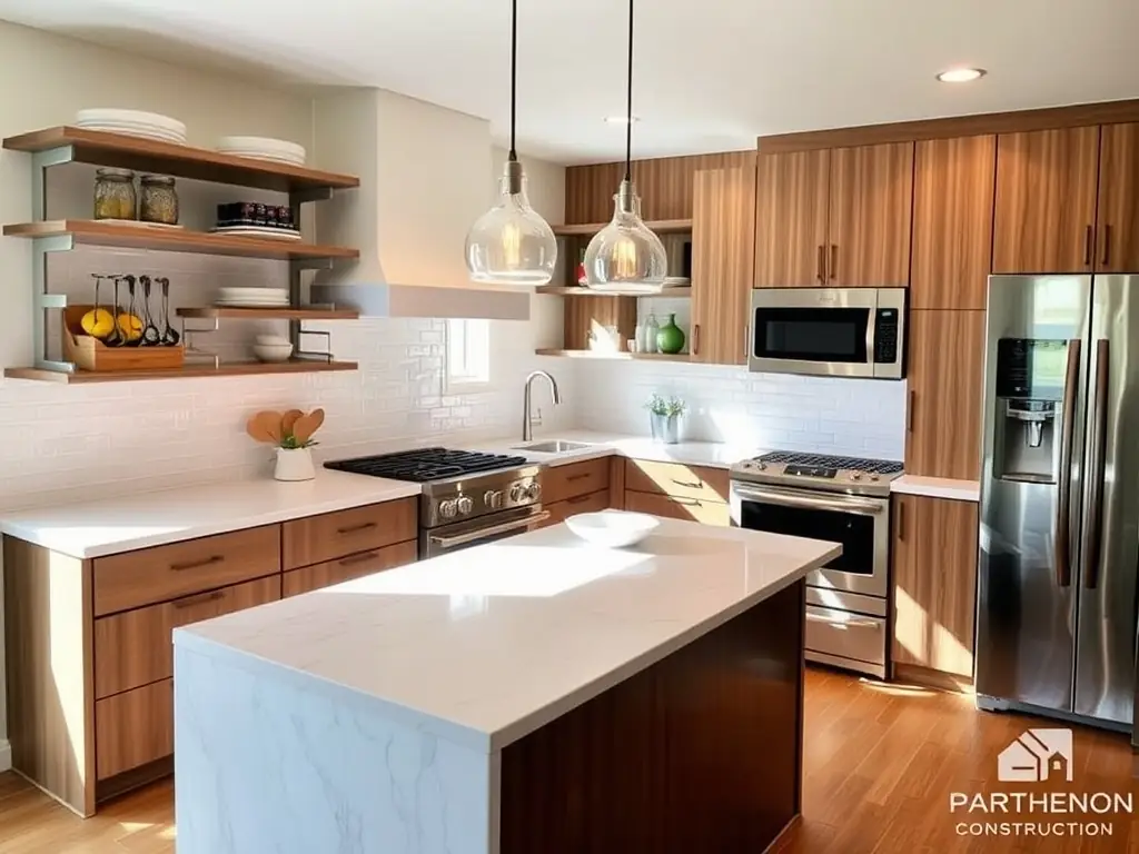 A beautifully remodeled modern kitchen with quartz countertops and stainless steel appliances.