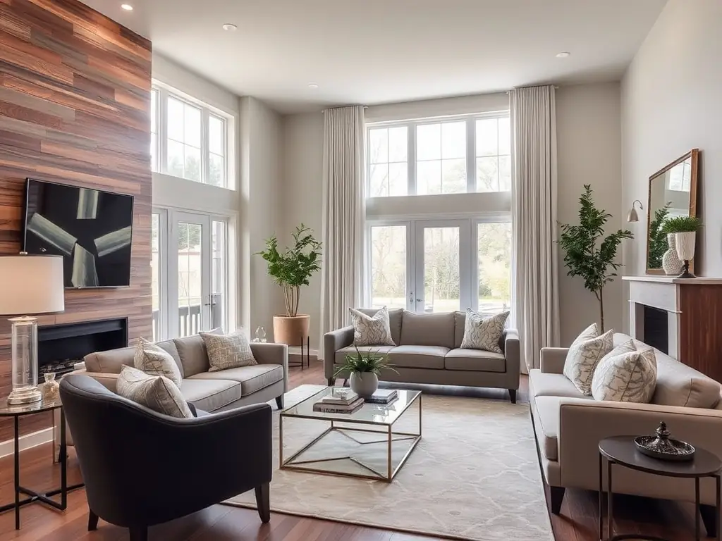 A remodeled living room with modern design elements and high-quality finishes.