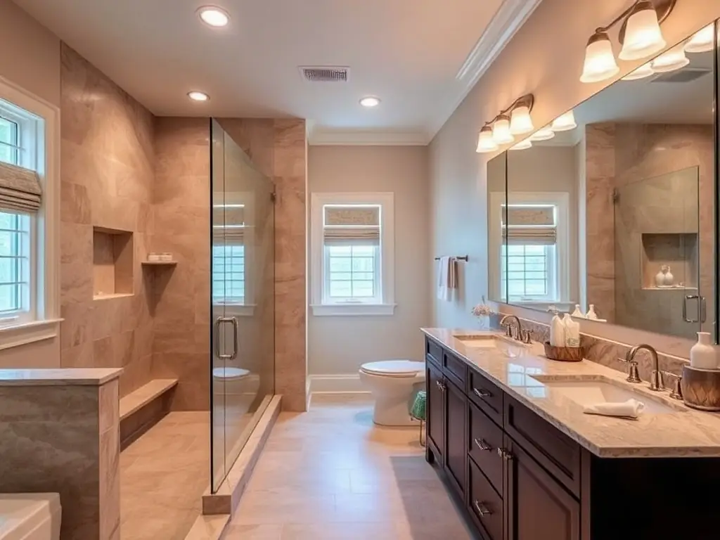 A luxurious bathroom with a walk-in shower and double vanity.