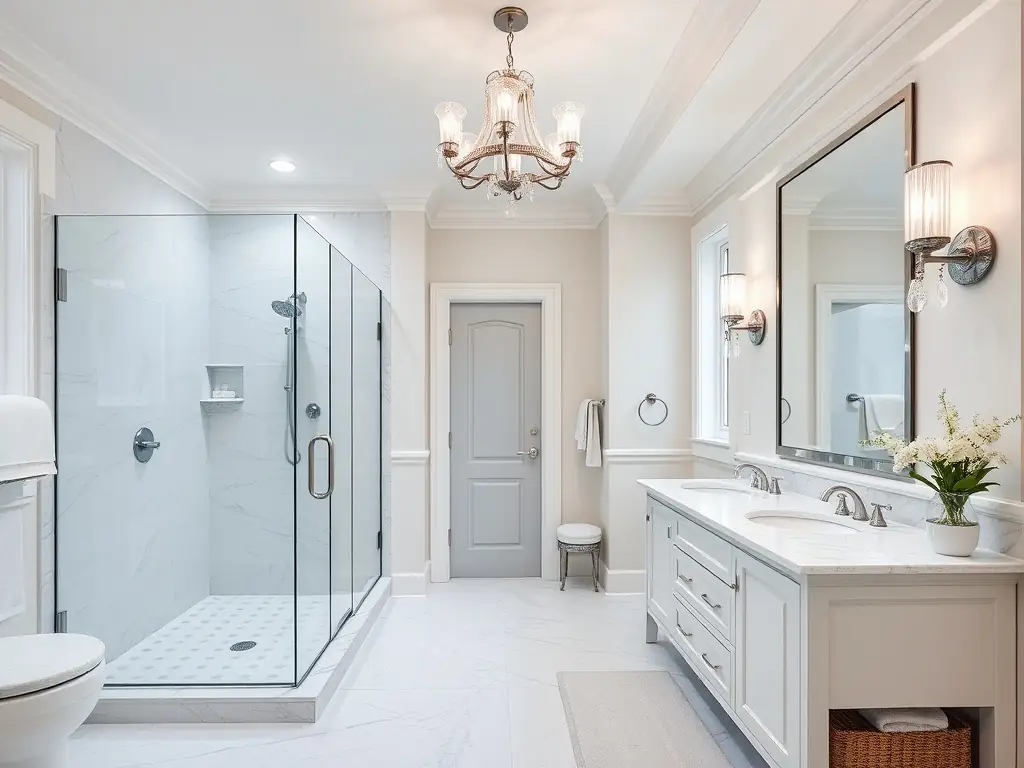 A luxurious bathroom with a walk-in shower and double vanity.