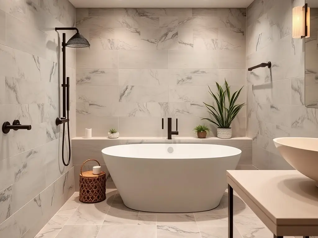 A serene bathroom with a freestanding tub and modern fixtures.