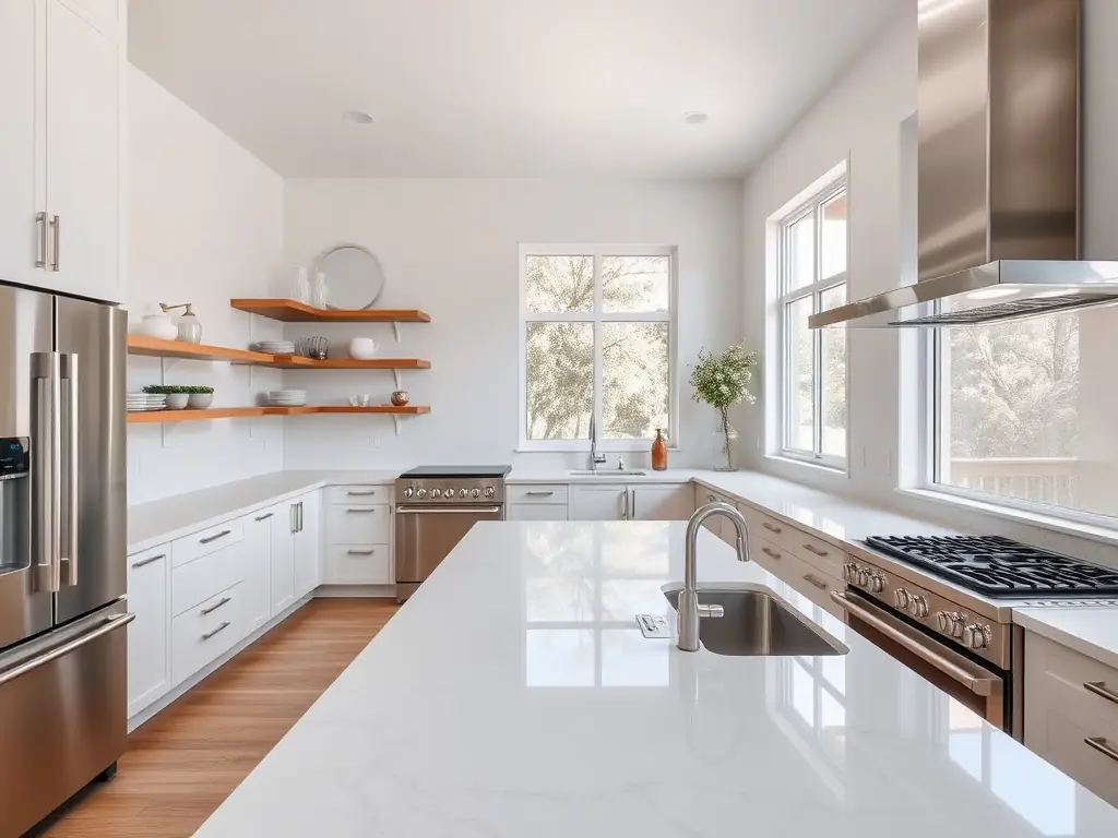 A beautifully remodeled modern kitchen with open shelving and quartz countertops.